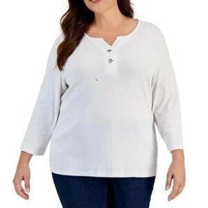 Karen Scott Women's Plus Size 100% Cotton Toggle-Neck Knit Top, White